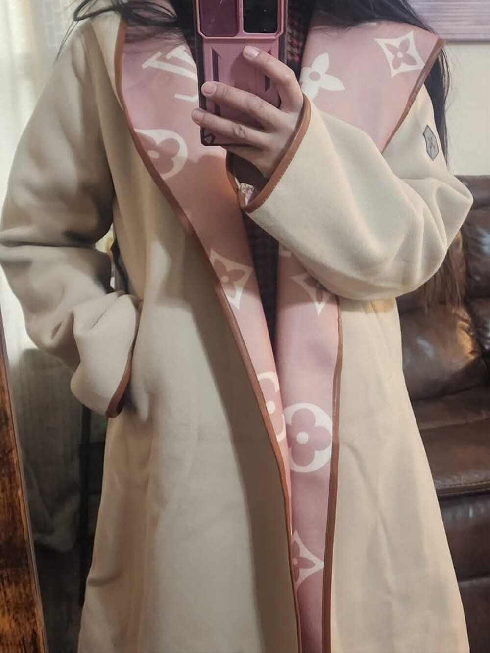 Luxury Beige Wool Coat with Pink Trim